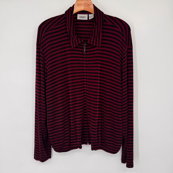 Chicos 3 Travelers Red Black Striped Zip-Up Long Sleeve jacket Top Size XL knit - Picture 7 of 13